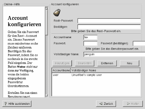 Rootpasswort und erste Nutzer