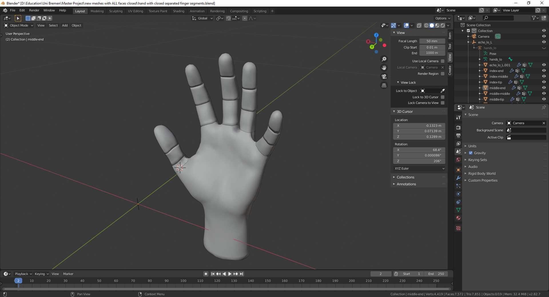 Hand seperated into collision meshes. The model was made in Blender and the meshes in use for the detection are the tip and middle parts of each finger