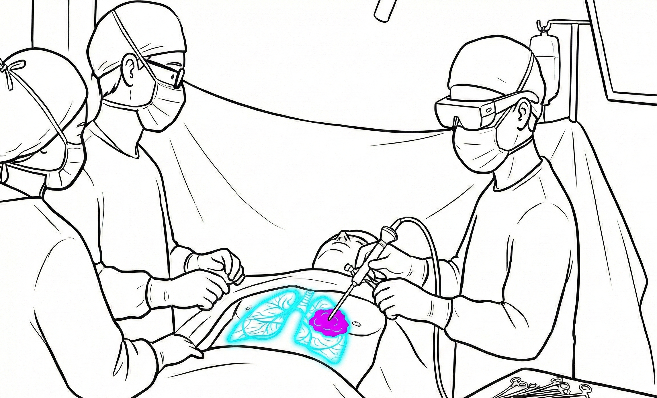 Illustration of surgeons in green scrubs using AR glasses with anatomical overlays